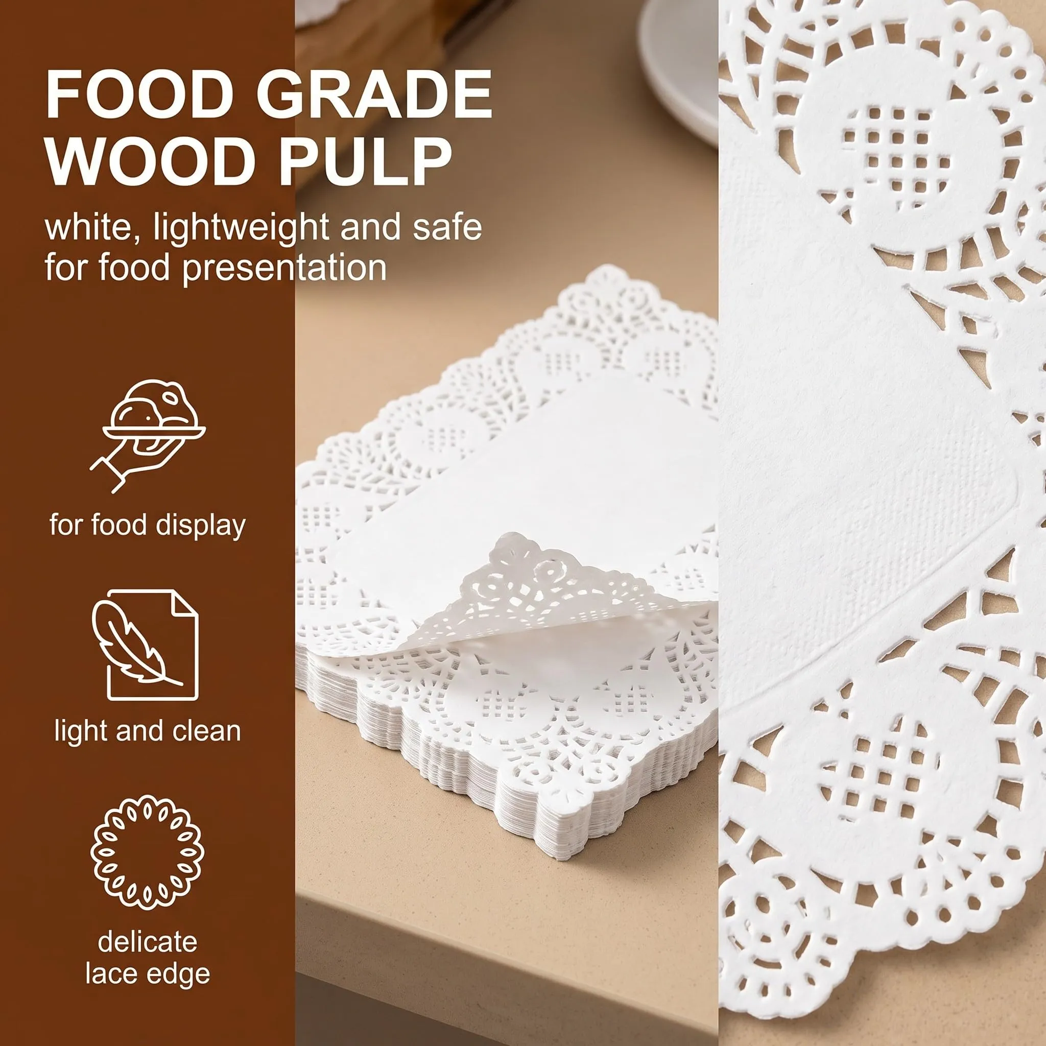 QALPOM 140 Pezzi Centrini di Carta Rettangolari 16x23 cm, Sottotorta in Pizzo Bianco Alimentare, Carta Assorbente per Fritti e Decorazione Tavola per Matrimonio, Compleanno e Feste - immagine 4