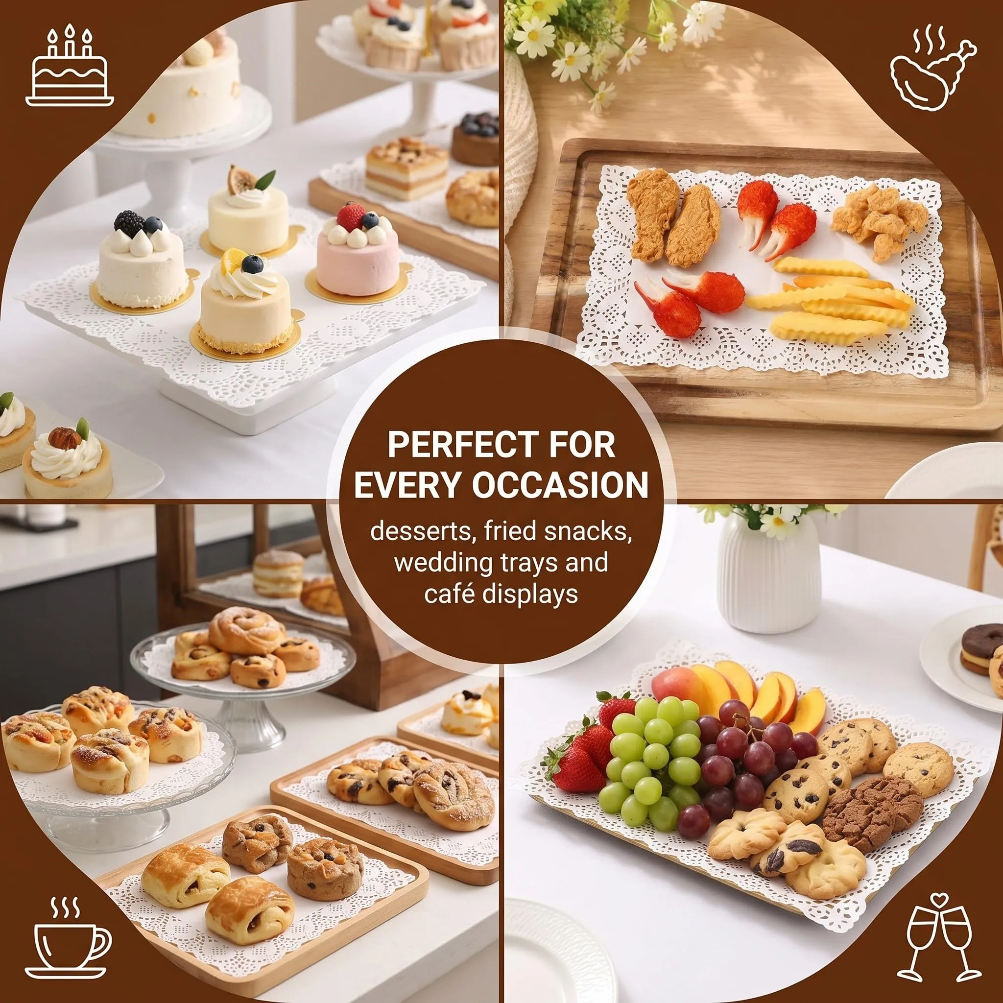 QALPOM 140 Pezzi Centrini di Carta Rettangolari 16x23 cm, Sottotorta in Pizzo Bianco Alimentare, Carta Assorbente per Fritti e Decorazione Tavola per Matrimonio, Compleanno e Feste - immagine 5
