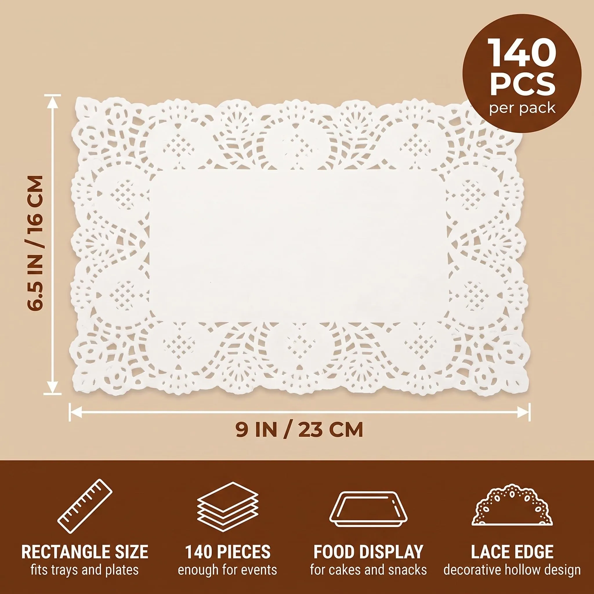 QALPOM 140 Pezzi Centrini di Carta Rettangolari 16x23 cm, Sottotorta in Pizzo Bianco Alimentare, Carta Assorbente per Fritti e Decorazione Tavola per Matrimonio, Compleanno e Feste - immagine 7