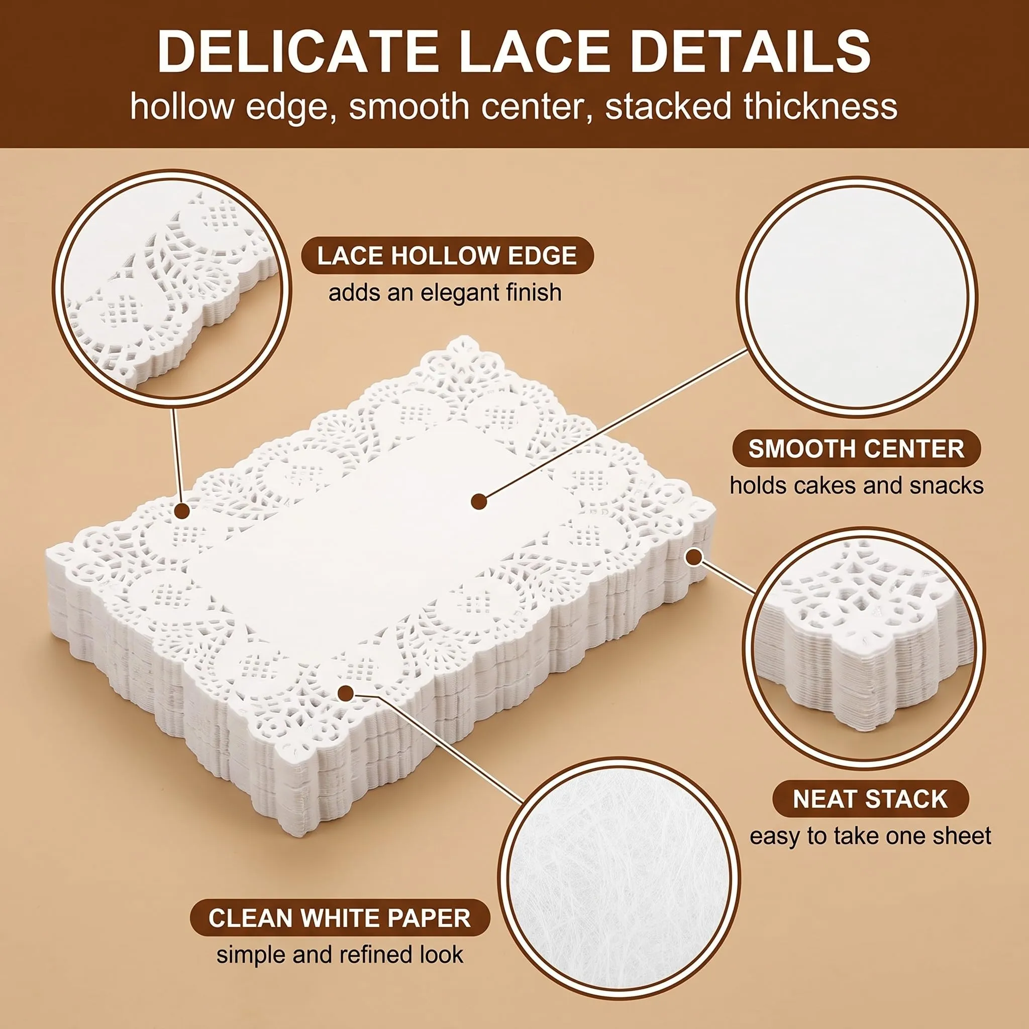 QALPOM 140 Pezzi Centrini di Carta Rettangolari 16x23 cm, Sottotorta in Pizzo Bianco Alimentare, Carta Assorbente per Fritti e Decorazione Tavola per Matrimonio, Compleanno e Feste - immagine 8