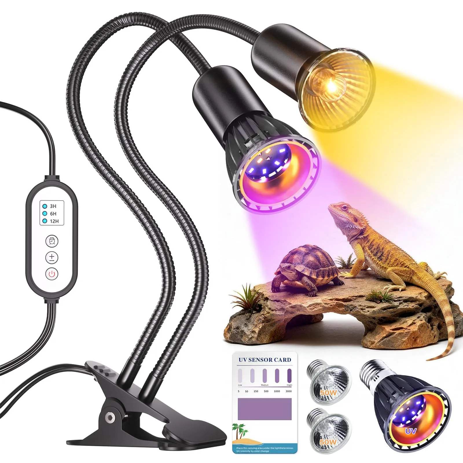 testyu UV Lampada Riscaldante per Rettili, Lampada a Doppia Testa UVA/UVB con Morsetto e Timer Intelligente (Ciclo 3-6-12 Ore) per Tartarughe, Draghi Barbuti, Lucertole, ecc. - immagine 1