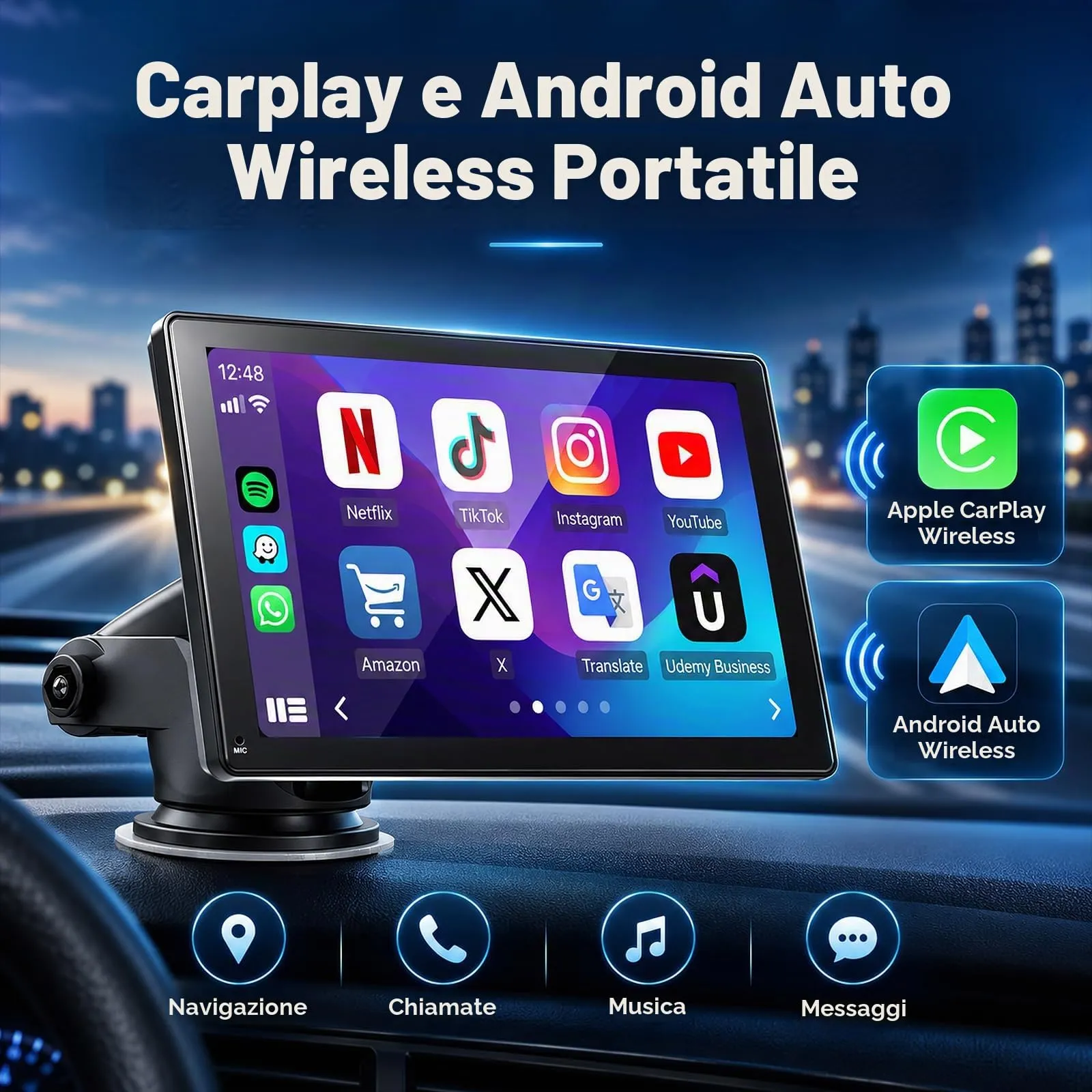 Moobsnry Display Carplay da 9 pollici HD- Schermo per Auto Portatile wireless Android Auto Car Play con Bluetooth Vivavoce,Navigazione GPS,Trasmettitore FM,AUX,Mirror Link,AirPlay, Comandi Vocali - immagine 2