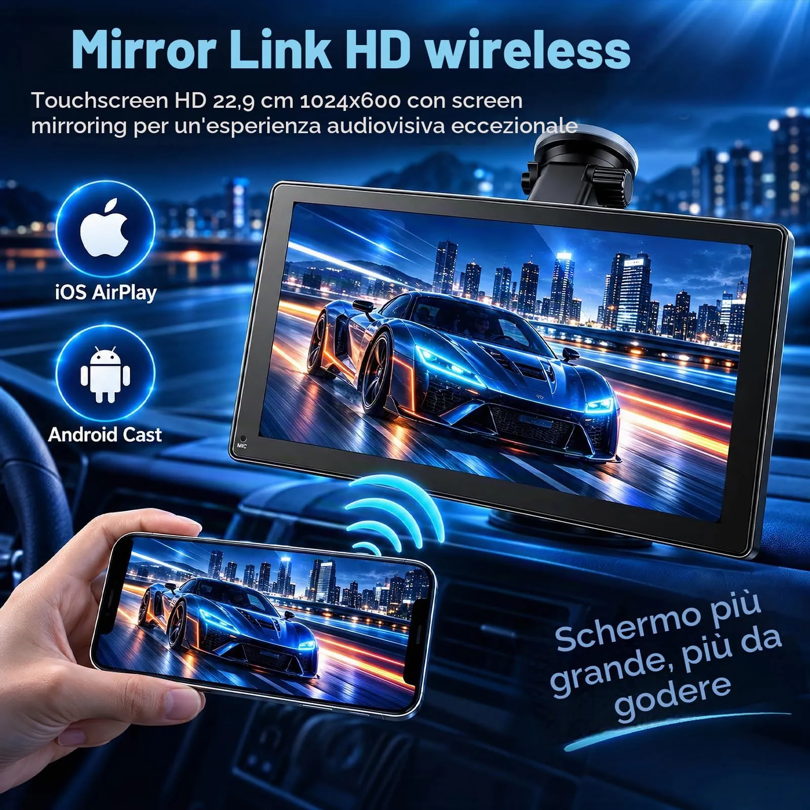 Moobsnry Display Carplay da 9 pollici HD- Schermo per Auto Portatile wireless Android Auto Car Play con Bluetooth Vivavoce,Navigazione GPS,Trasmettitore FM,AUX,Mirror Link,AirPlay, Comandi Vocali - immagine 3