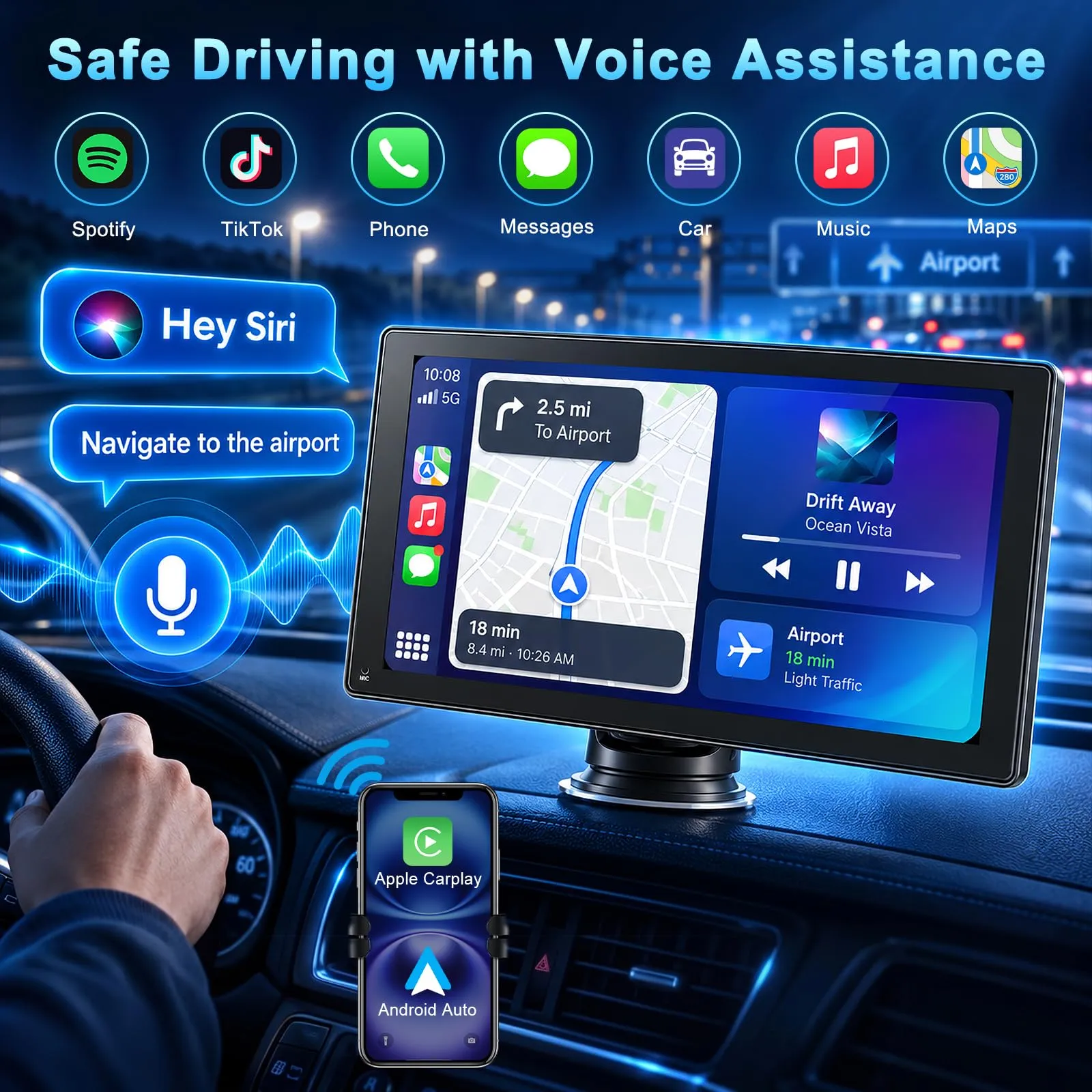 Moobsnry Display Carplay da 9 pollici HD- Schermo per Auto Portatile wireless Android Auto Car Play con Bluetooth Vivavoce,Navigazione GPS,Trasmettitore FM,AUX,Mirror Link,AirPlay, Comandi Vocali - immagine 4