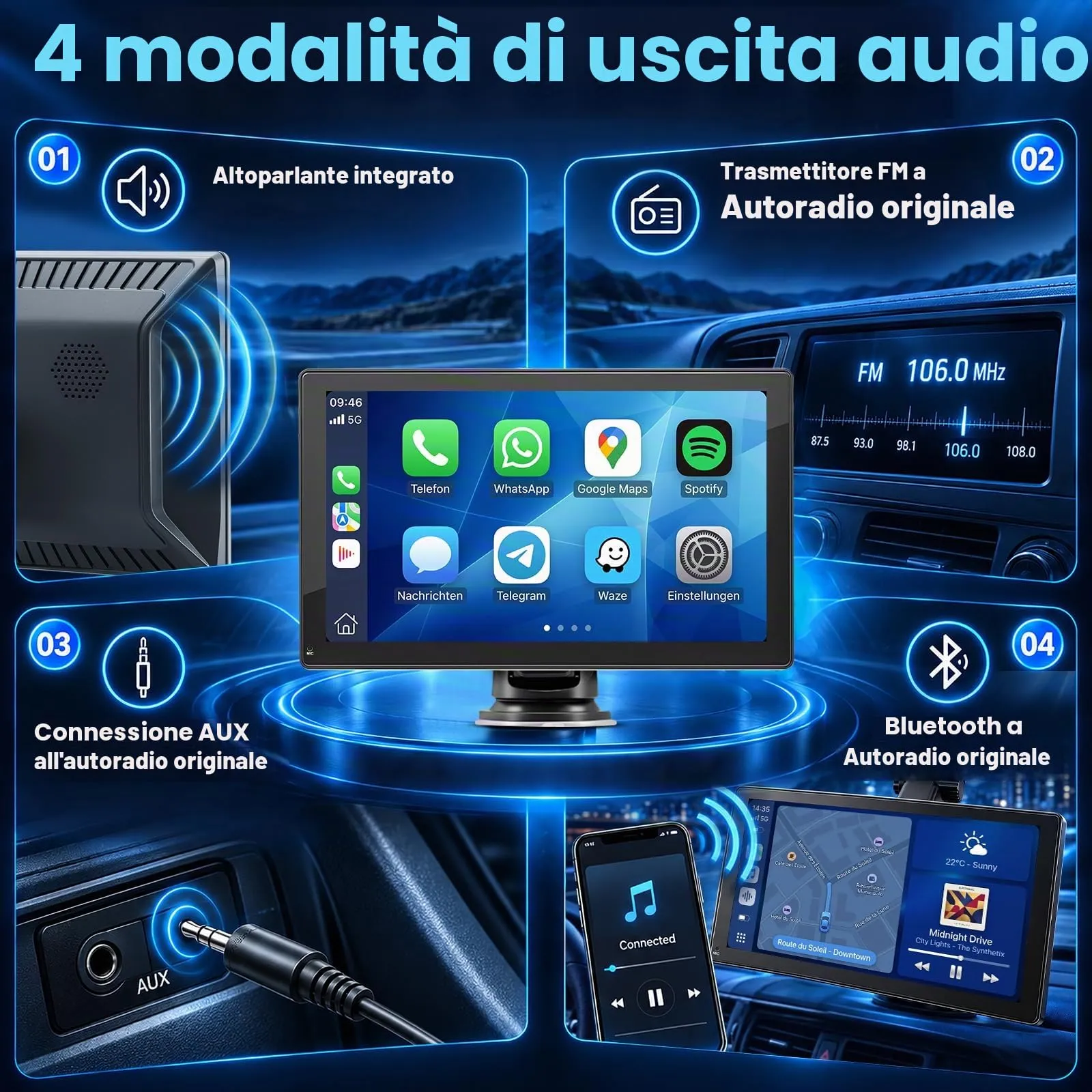 Moobsnry Display Carplay da 9 pollici HD- Schermo per Auto Portatile wireless Android Auto Car Play con Bluetooth Vivavoce,Navigazione GPS,Trasmettitore FM,AUX,Mirror Link,AirPlay, Comandi Vocali - immagine 5