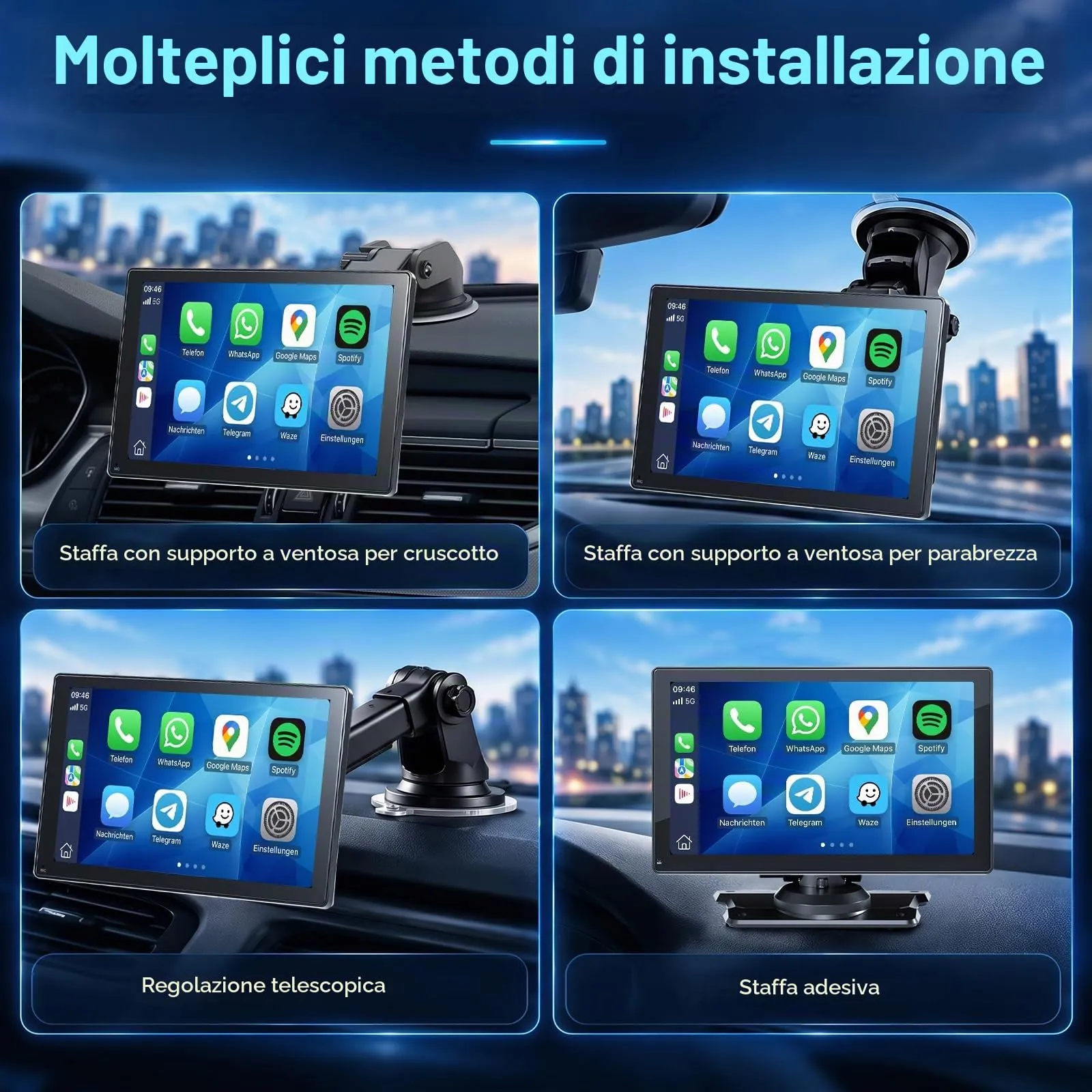 Moobsnry Display Carplay da 9 pollici HD- Schermo per Auto Portatile wireless Android Auto Car Play con Bluetooth Vivavoce,Navigazione GPS,Trasmettitore FM,AUX,Mirror Link,AirPlay, Comandi Vocali - immagine 6