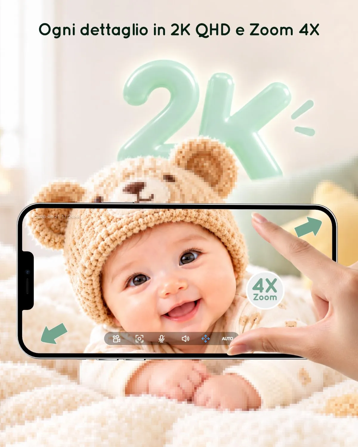 YESIMOM Baby Monitor WiFi 2K/3MP con App, Telecamera PTZ, Senza Monitor - immagine 3