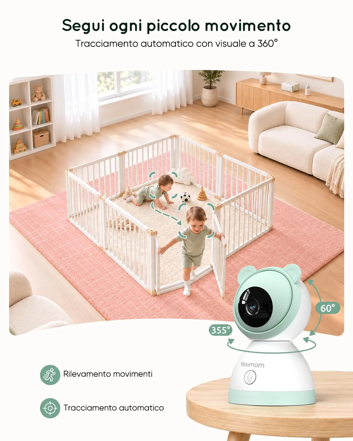 YESIMOM Baby Monitor WiFi 2K/3MP con App, Telecamera PTZ, Senza Monitor - immagine 4