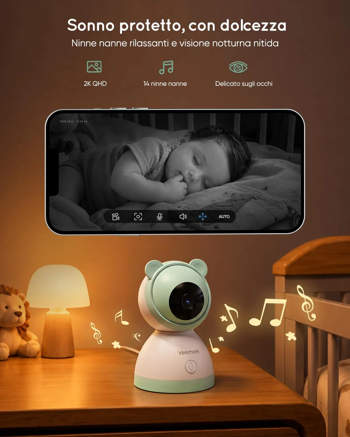YESIMOM Baby Monitor WiFi 2K/3MP con App, Telecamera PTZ, Senza Monitor - immagine 5