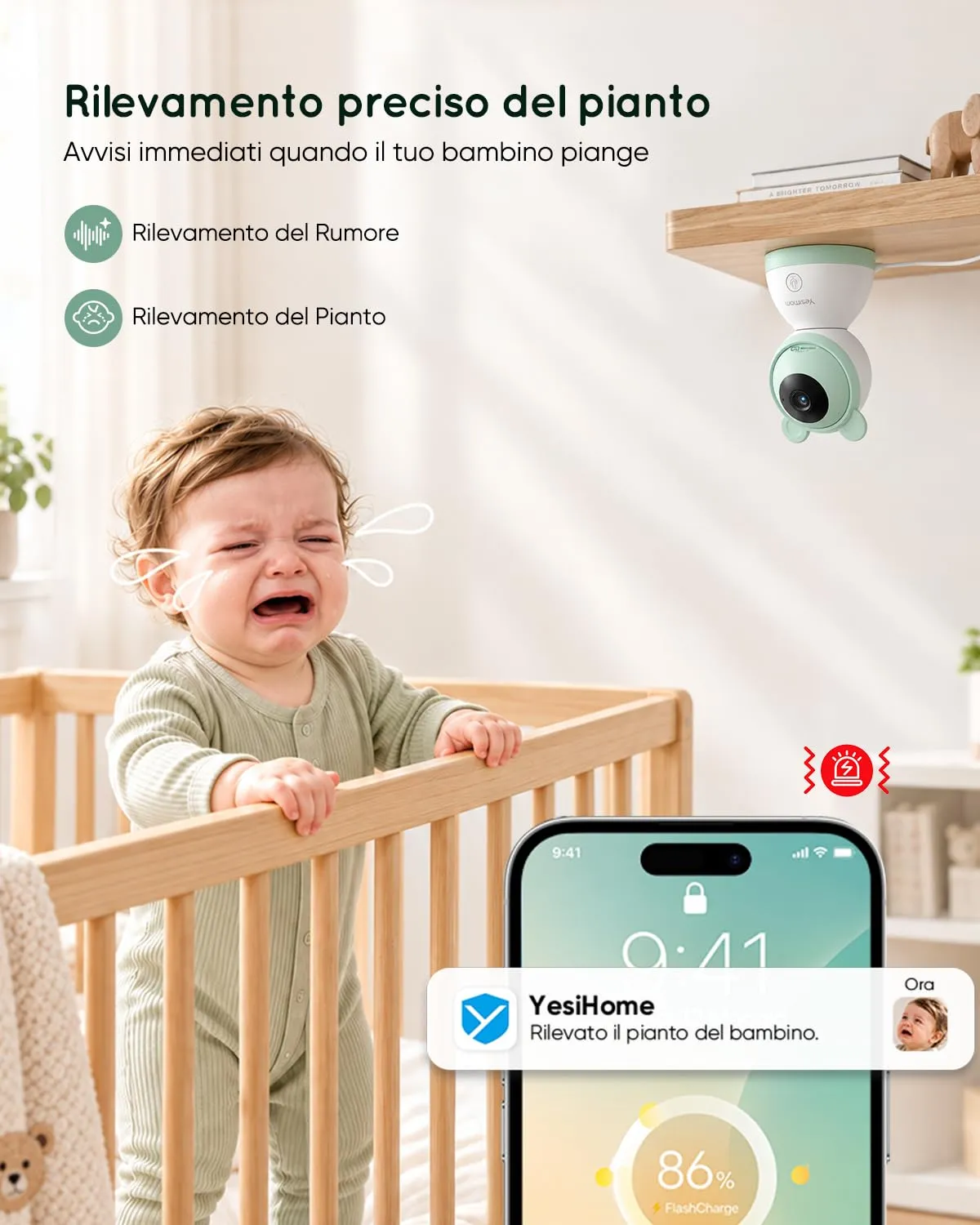 YESIMOM Baby Monitor WiFi 2K/3MP con App, Telecamera PTZ, Senza Monitor - immagine 6