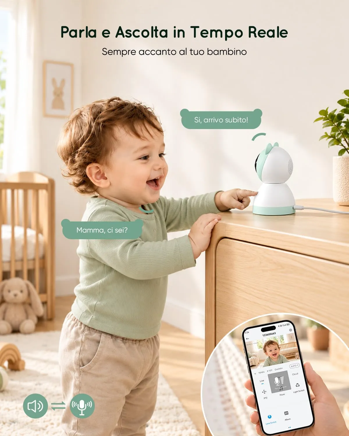 YESIMOM Baby Monitor WiFi 2K/3MP con App, Telecamera PTZ, Senza Monitor - immagine 7