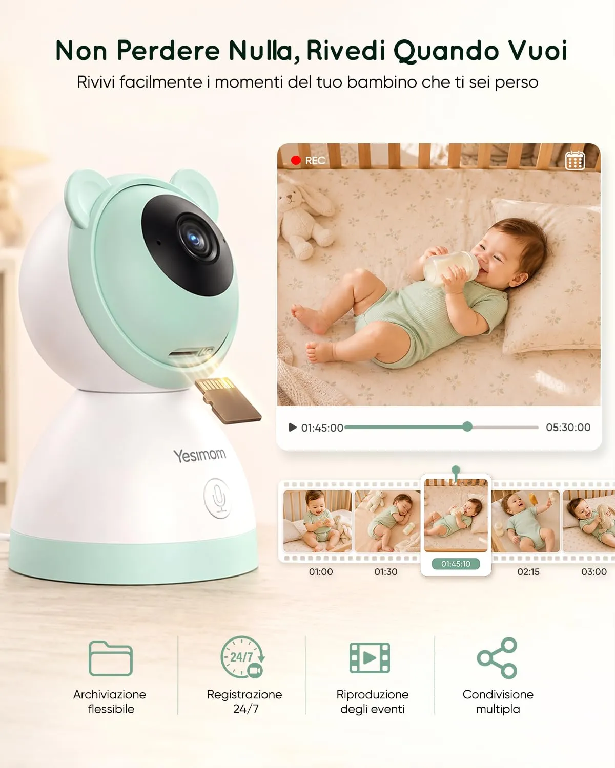 YESIMOM Baby Monitor WiFi 2K/3MP con App, Telecamera PTZ, Senza Monitor - immagine 8