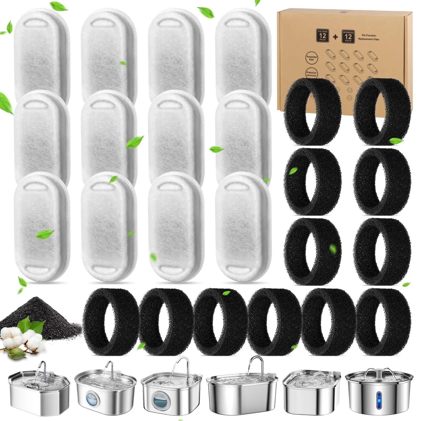 DEPAR 12+12 Filtro Premium per Fontana per Gatti - Filtro di Ricambio con Carbone Attivo e Schiuma per Distributore di Acqua da 108oz/3,2L & 67oz/2L, Pulizia Multistrato Rimuove Peli - immagine 1