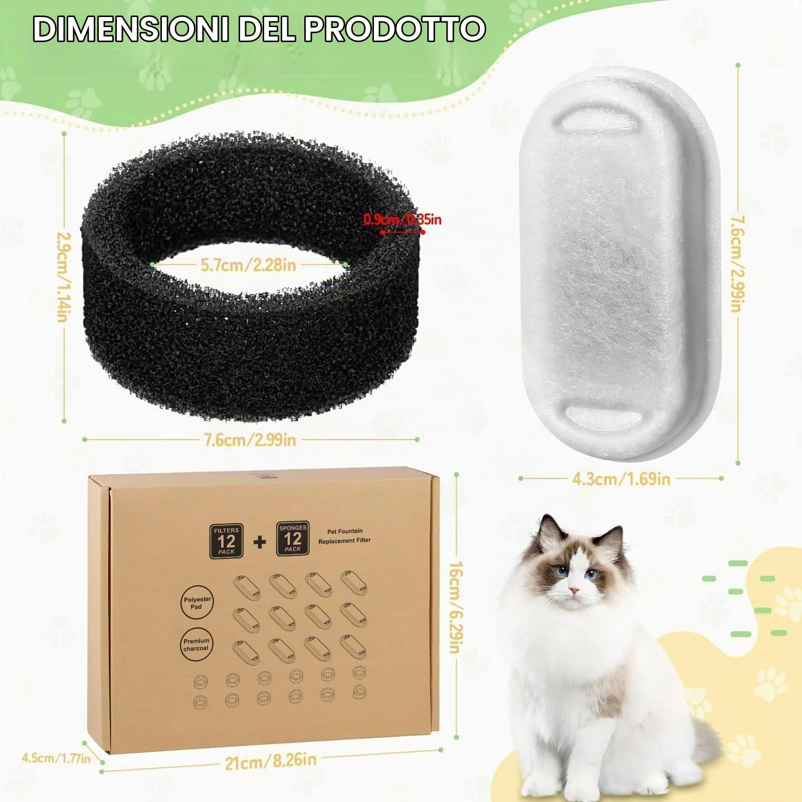 DEPAR 12+12 Filtro Premium per Fontana per Gatti - Filtro di Ricambio con Carbone Attivo e Schiuma per Distributore di Acqua da 108oz/3,2L & 67oz/2L, Pulizia Multistrato Rimuove Peli - immagine 4