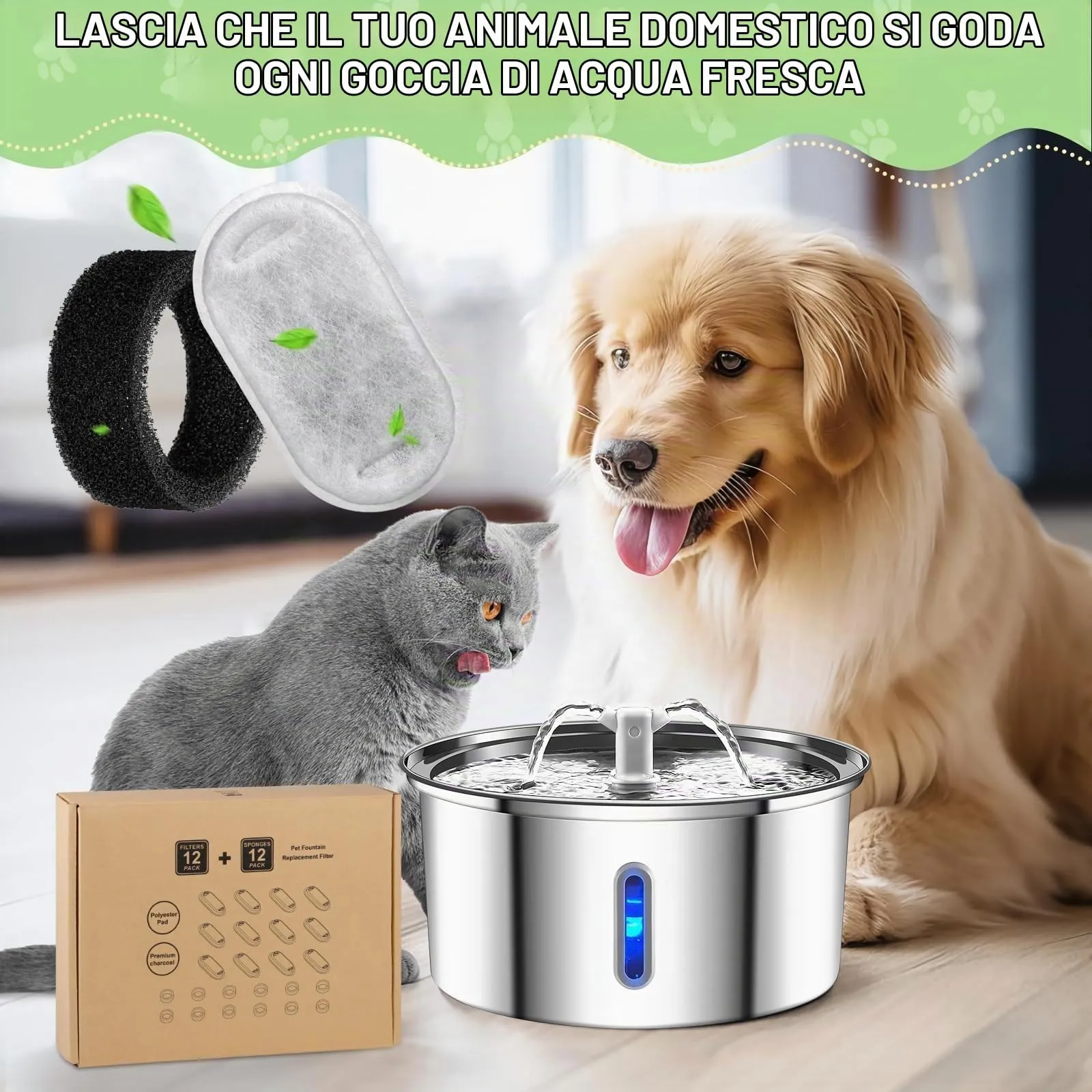 DEPAR 12+12 Filtro Premium per Fontana per Gatti - Filtro di Ricambio con Carbone Attivo e Schiuma per Distributore di Acqua da 108oz/3,2L & 67oz/2L, Pulizia Multistrato Rimuove Peli - immagine 7