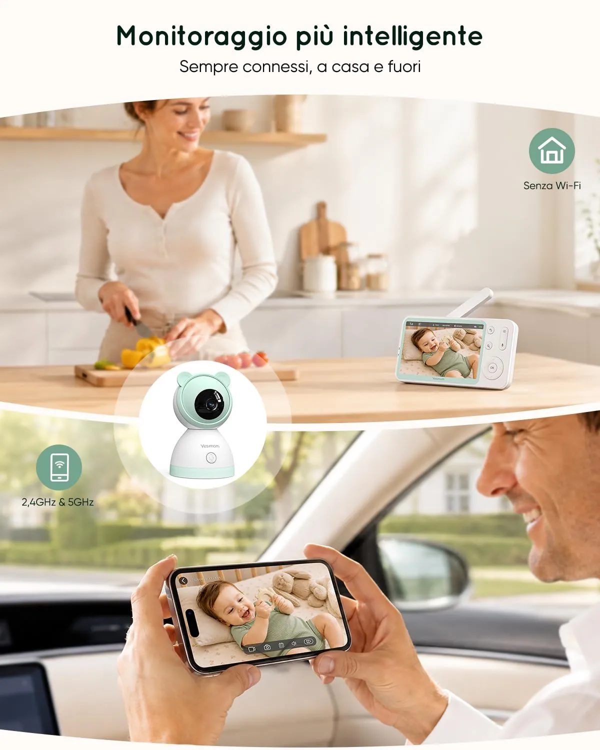 YESIMOM Baby Monitor WiFi 2K/3MP con Schermo 5″ e App, Wi-Fi 2,4/5 GHz - immagine 2
