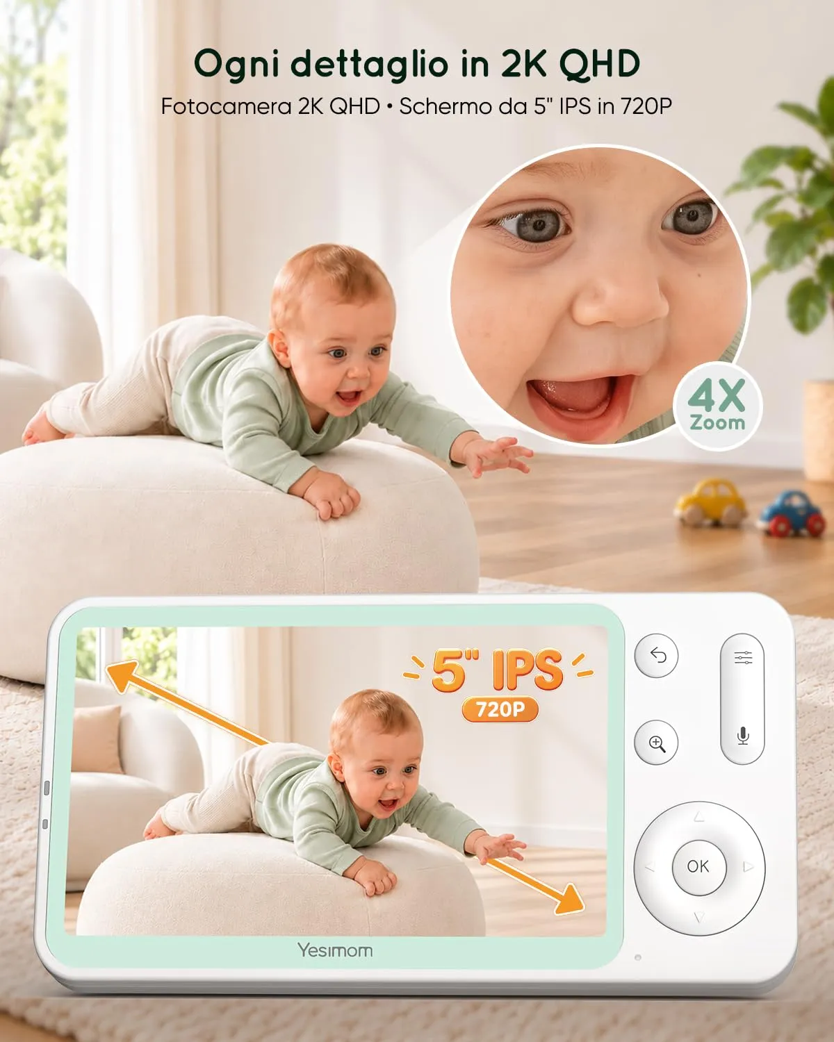 YESIMOM Baby Monitor WiFi 2K/3MP con Schermo 5″ e App, Wi-Fi 2,4/5 GHz - immagine 3