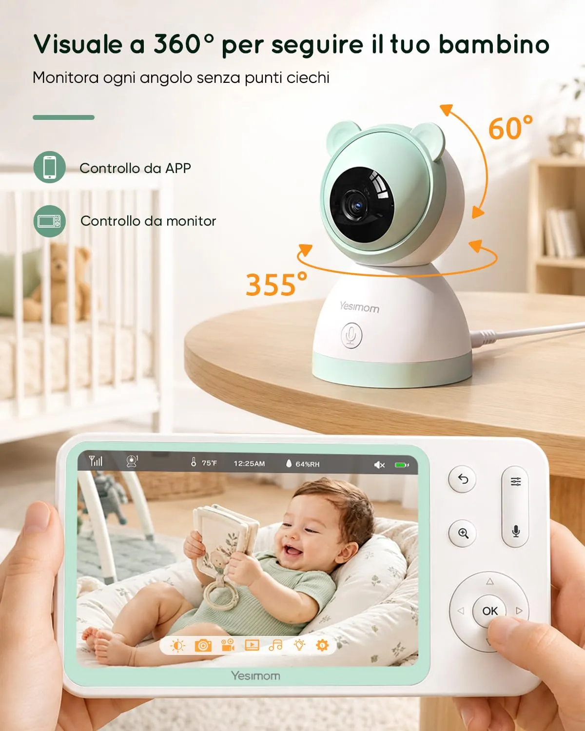 YESIMOM Baby Monitor WiFi 2K/3MP con Schermo 5″ e App, Wi-Fi 2,4/5 GHz - immagine 5