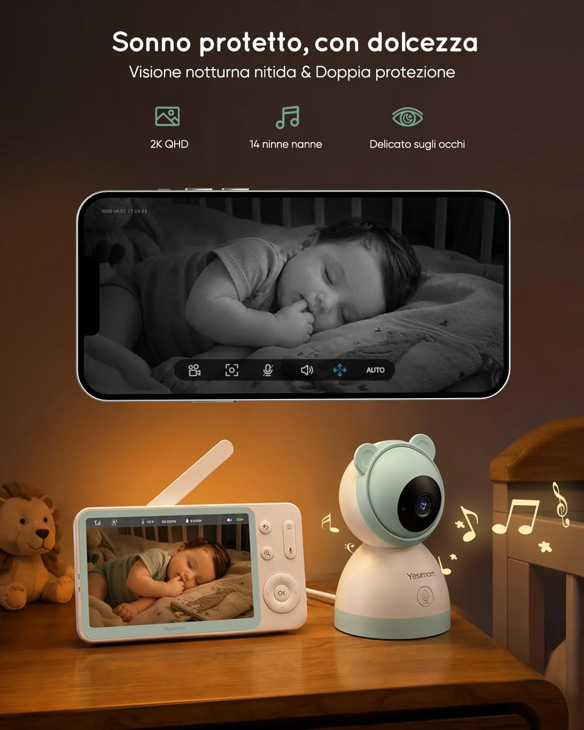 YESIMOM Baby Monitor WiFi 2K/3MP con Schermo 5″ e App, Wi-Fi 2,4/5 GHz - immagine 7