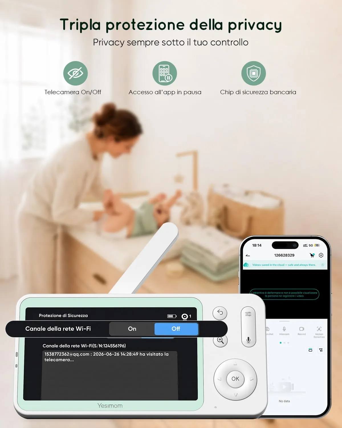 YESIMOM Baby Monitor WiFi 2K/3MP con Schermo 5″ e App, Wi-Fi 2,4/5 GHz - immagine 10