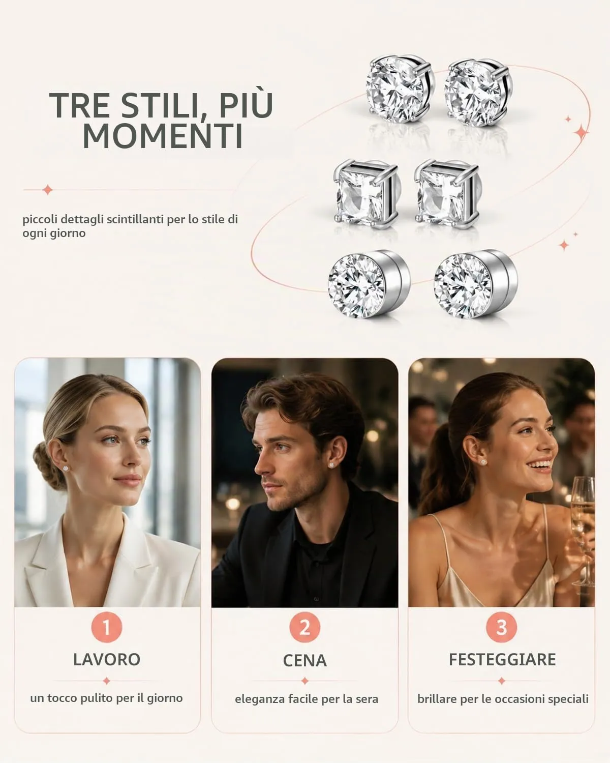 LDBEMG 3 Paia Orecchini Magnetici Senza Buco, Zirconi Brillanti, Chiusura Salda Antiscivolo, Completo Assenza Dolore Per Orecchie Sensibili, Perfetti Come Regalo Per Ufficio & Serate - immagine 5
