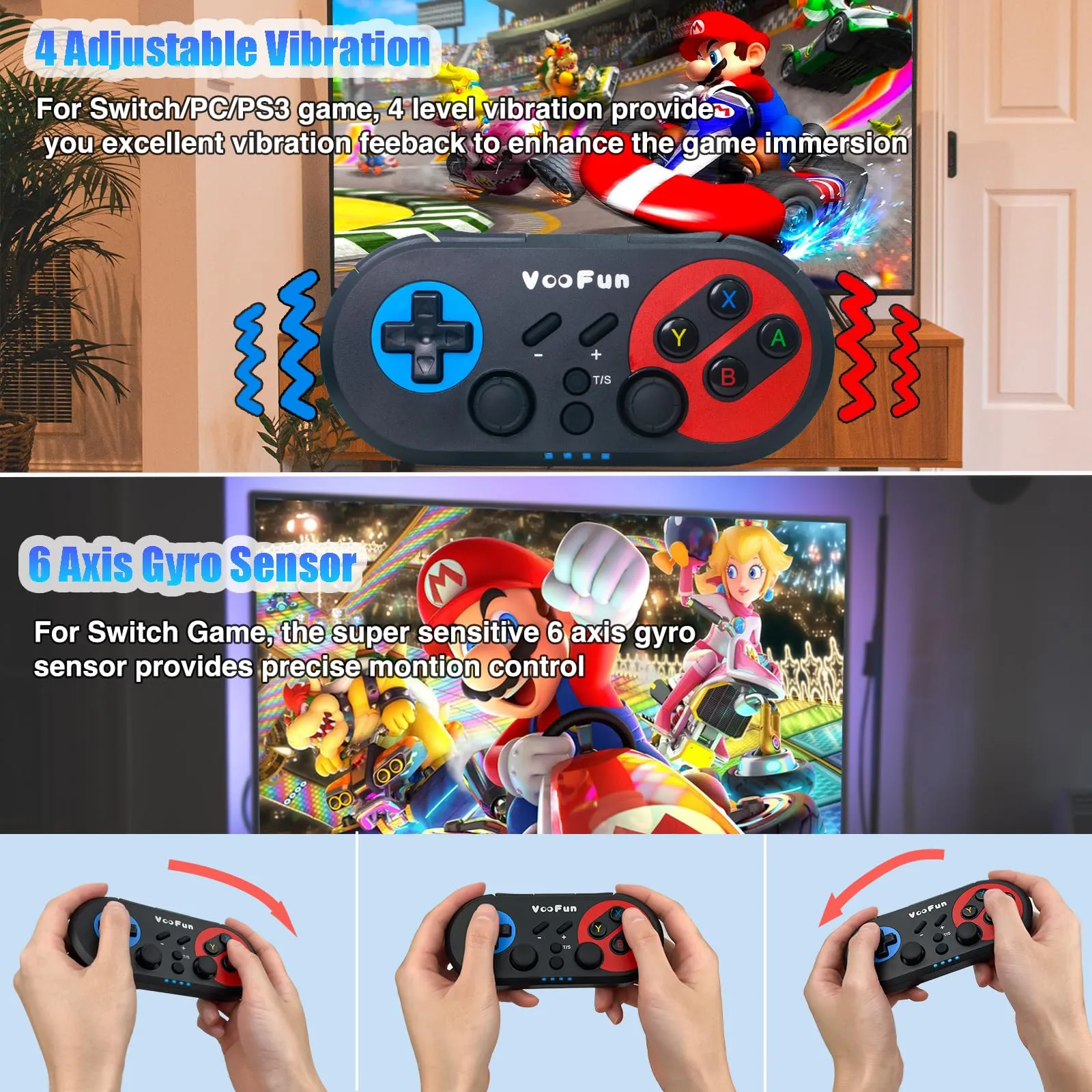VooFun Controller Switch, Controller PC Bluetooth Wireless Joystick per Switch/Lite/OLED, PC Windows, PS3 con Giroscopio 6 Assi Sensore, Doppia Vibrazione e Turbo, Wake-up Switch Console - immagine 4