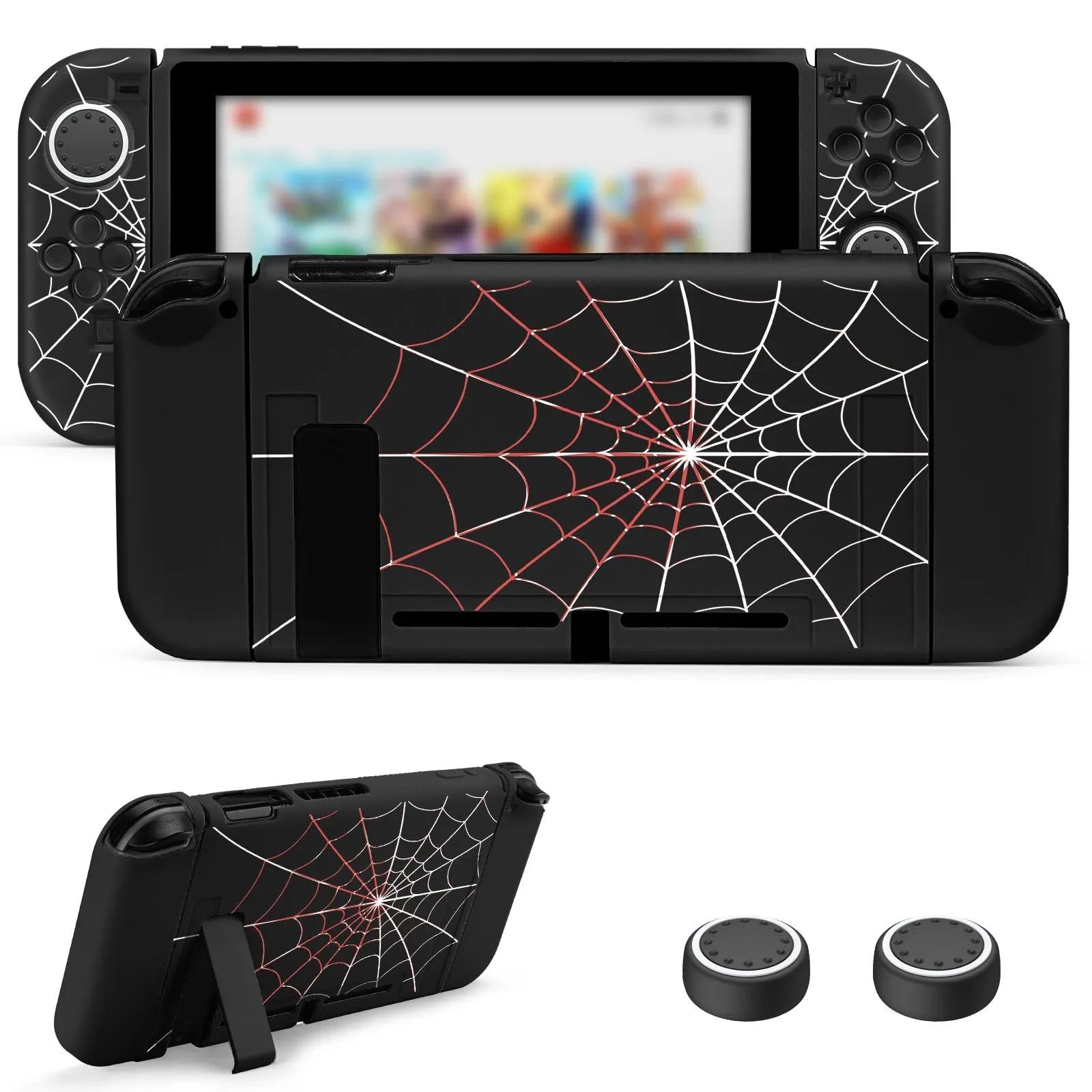 JINGDU Custodia protettiva compatibile con Nintendo Switch 2017, accessorio in TPU per console switch e presa Joy-Con, protezione interruttore con 4 impugnature per pollice, ragnatela nera - immagine 1
