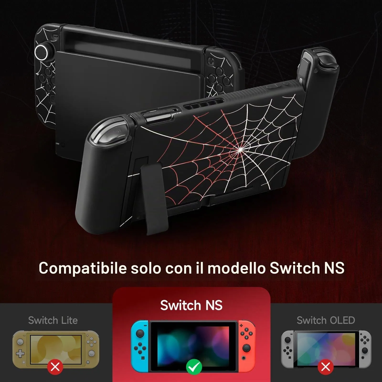 JINGDU Custodia protettiva compatibile con Nintendo Switch 2017, accessorio in TPU per console switch e presa Joy-Con, protezione interruttore con 4 impugnature per pollice, ragnatela nera - immagine 2