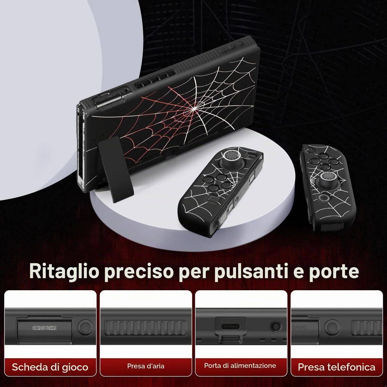 JINGDU Custodia protettiva compatibile con Nintendo Switch 2017, accessorio in TPU per console switch e presa Joy-Con, protezione interruttore con 4 impugnature per pollice, ragnatela nera - immagine 3