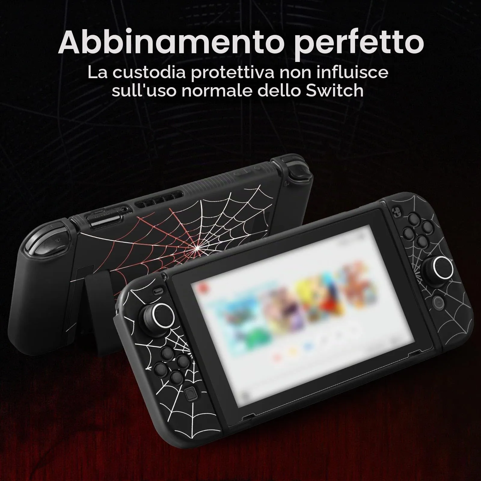 JINGDU Custodia protettiva compatibile con Nintendo Switch 2017, accessorio in TPU per console switch e presa Joy-Con, protezione interruttore con 4 impugnature per pollice, ragnatela nera - immagine 6