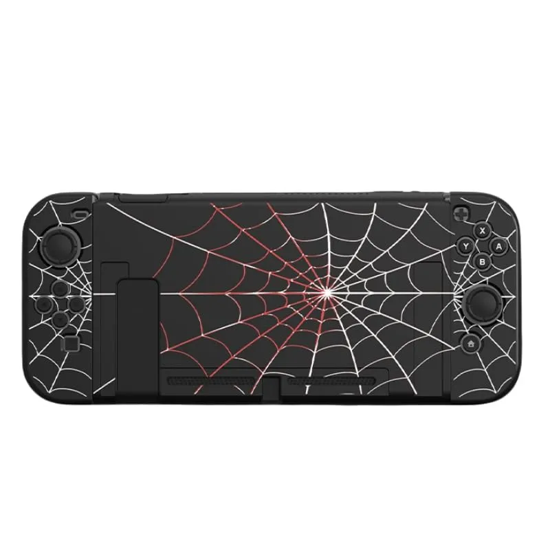 JINGDU Custodia protettiva compatibile con Nintendo Switch 2017, accessorio in TPU per console switch e presa Joy-Con, protezione interruttore con 4 impugnature per pollice, ragnatela nera - immagine 7