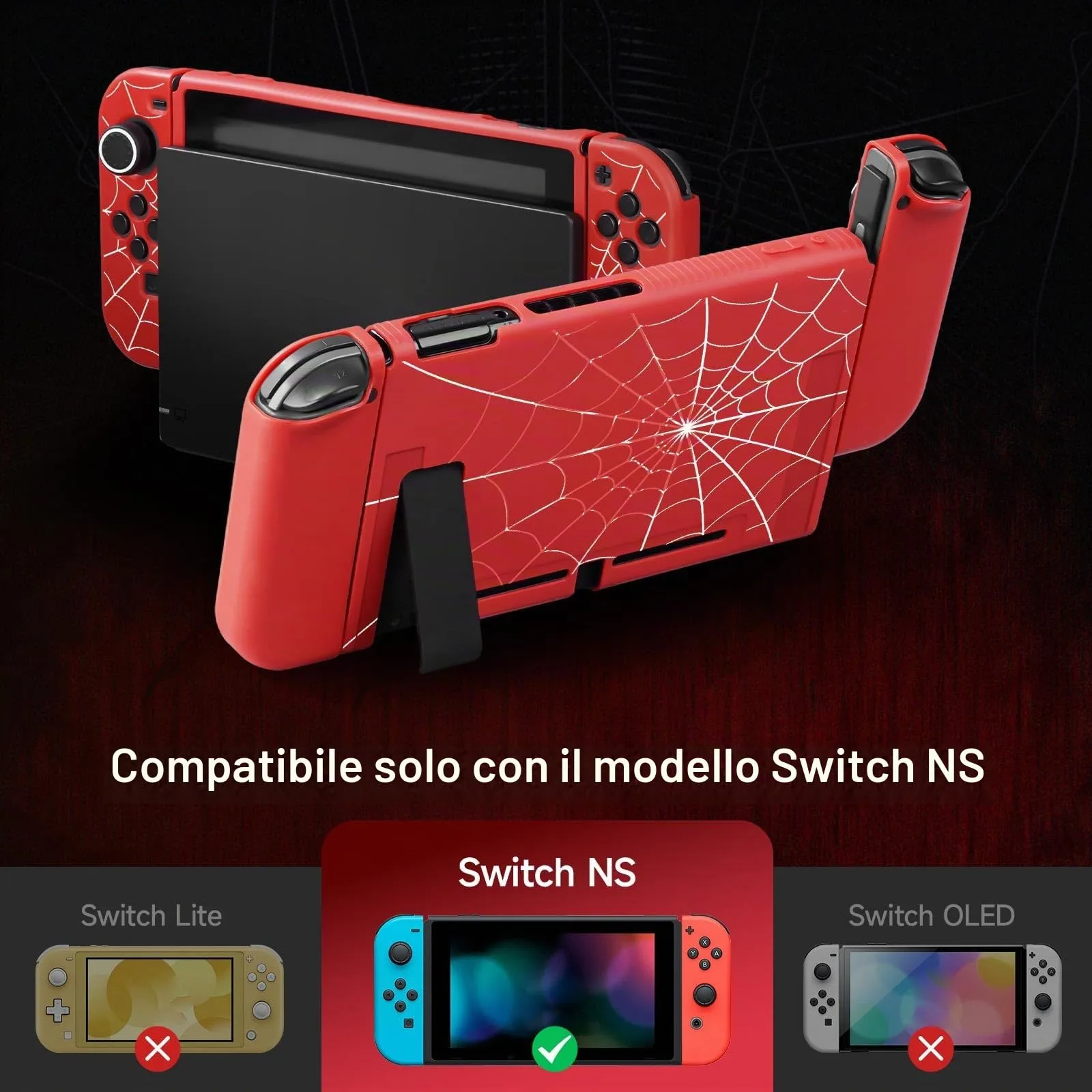 JINGDU Custodia protettiva compatibile con Nintendo Switch 2017, custodia in TPU accessorio per console Switch e impugnatura Joy-Con, protezione per Switch con 4 impugnature per pollice, ragnatela - immagine 2