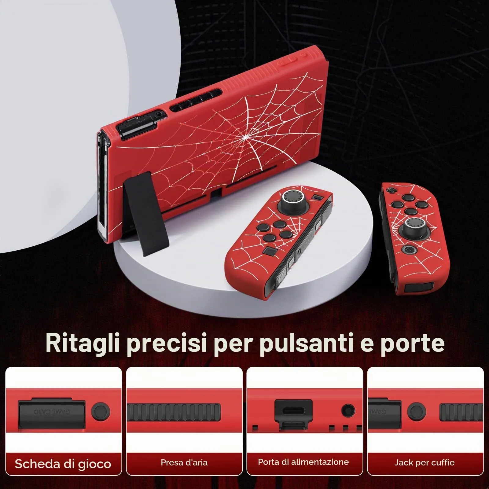 JINGDU Custodia protettiva compatibile con Nintendo Switch 2017, custodia in TPU accessorio per console Switch e impugnatura Joy-Con, protezione per Switch con 4 impugnature per pollice, ragnatela - immagine 3