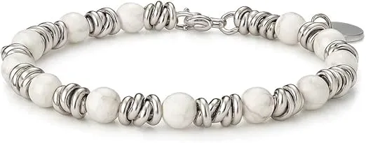 SAGA GIOIELLI Bracciale Unisex - Uomo - Donna Pietre Naturali Sfaccettate Onice Nero Aulite Bianco Nodini Acciaio Inox - Confezionre Regalo (AULITE BIANCO) - immagine 2