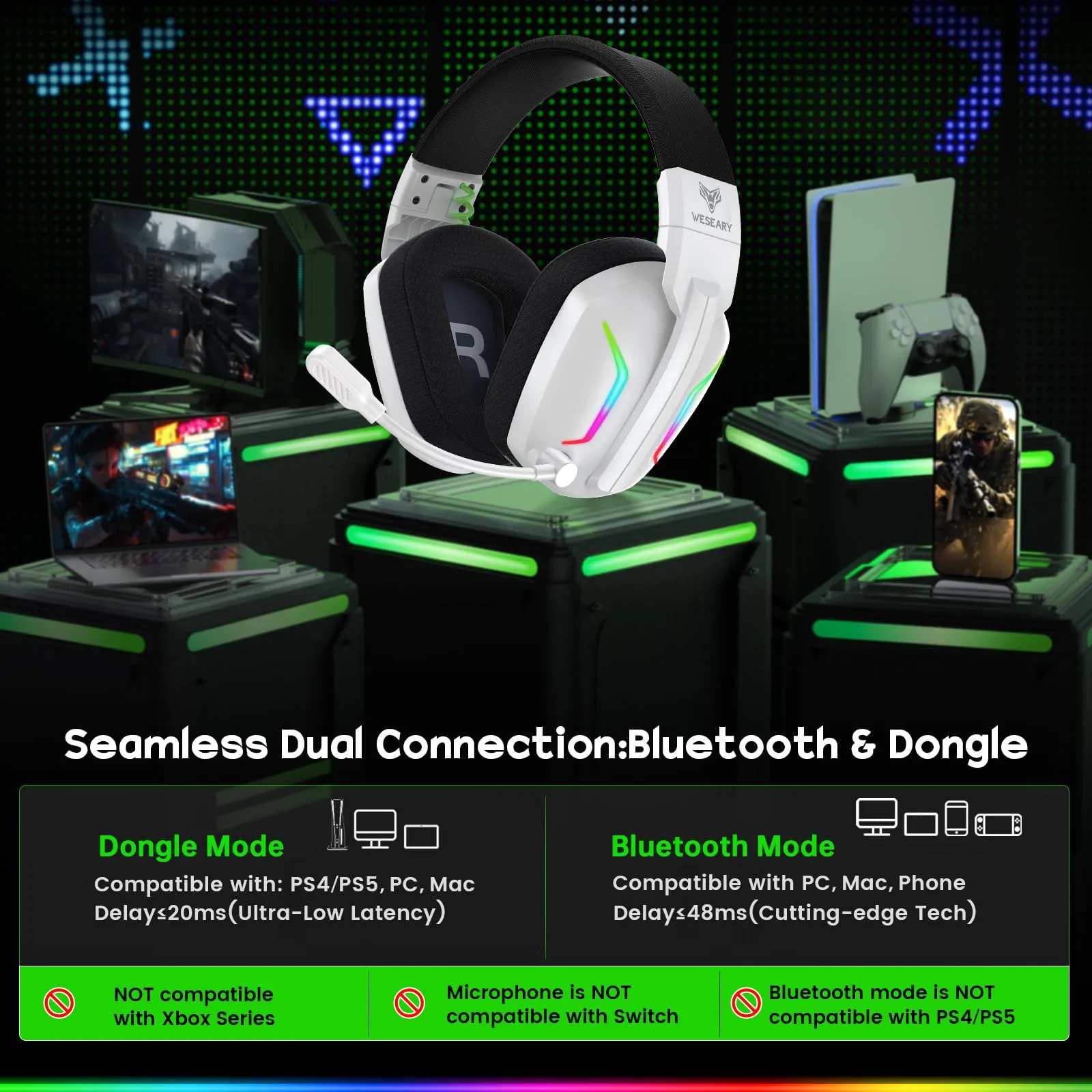WESEARY Cuffie da gioco wireless con microfono per PS5, PS4, PC, Switch - immagine 4