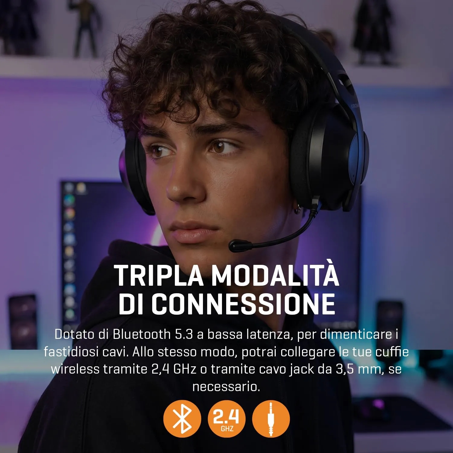 KROM PHASE – Cuffie Gaming Wireless con Tripla Modalità di Connessione (Bluetooth 5.3, 2.4 GHz e Jack 3.5 mm), Driver da 40 mm, Autonomia 40 ore, Nero - immagine 8