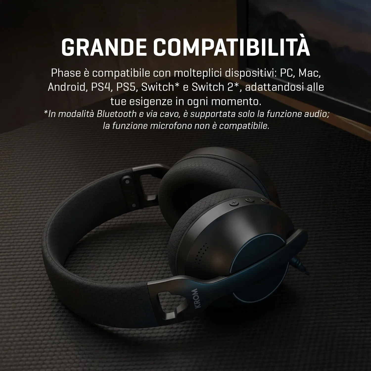 KROM PHASE – Cuffie Gaming Wireless con Tripla Modalità di Connessione (Bluetooth 5.3, 2.4 GHz e Jack 3.5 mm), Driver da 40 mm, Autonomia 40 ore, Nero - immagine 10