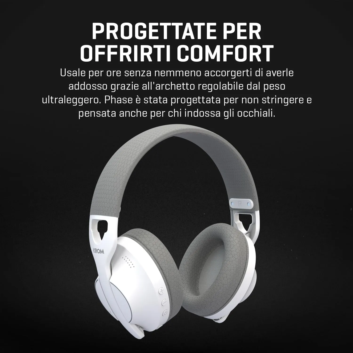 KROM PHASE – Cuffie Gaming Wireless con Tripla Modalità di Connessione (Bluetooth 5.3, 2.4 GHz e Jack 3.5 mm), Driver da 40 mm, Autonomia 40 ore, Bianco - immagine 6