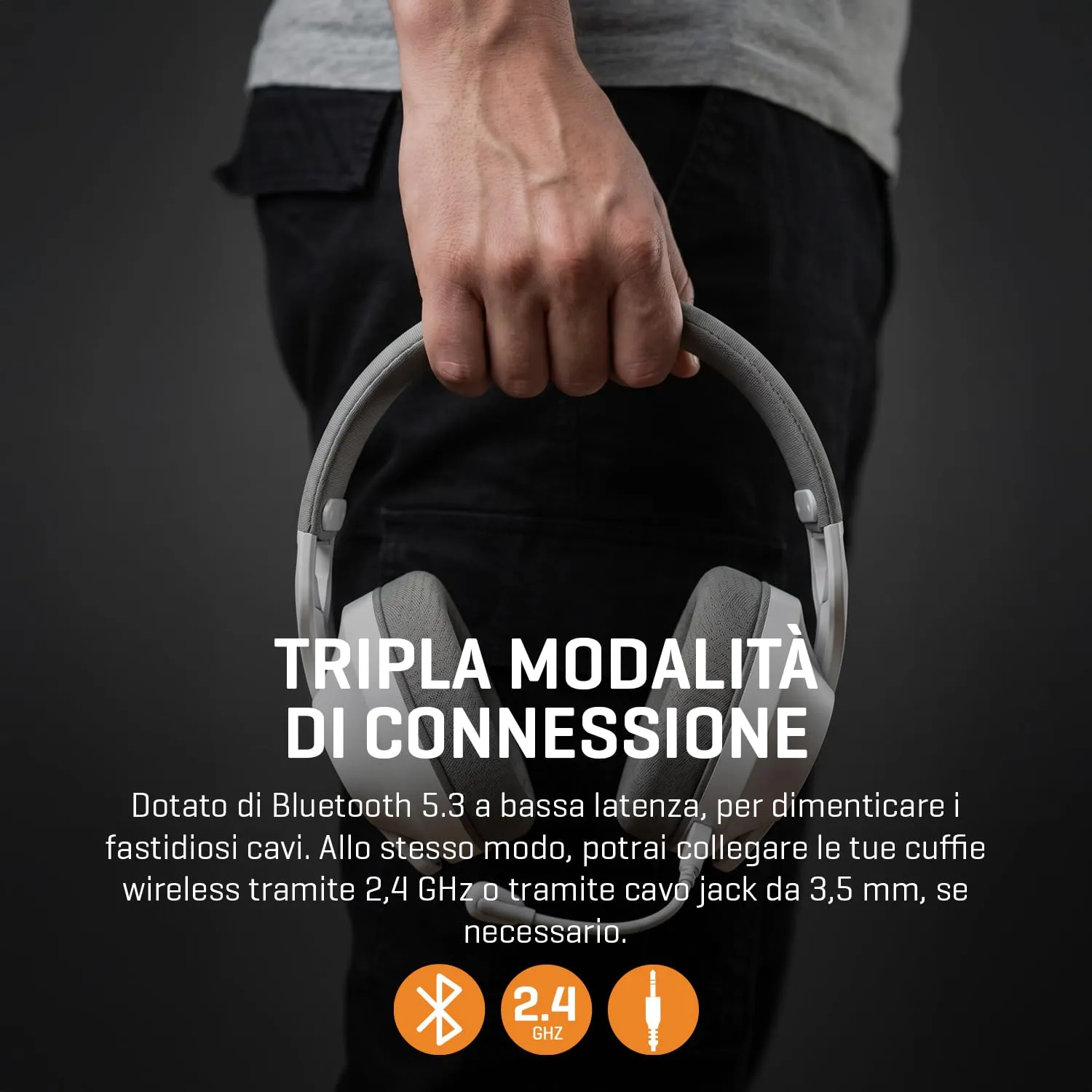 KROM PHASE – Cuffie Gaming Wireless con Tripla Modalità di Connessione (Bluetooth 5.3, 2.4 GHz e Jack 3.5 mm), Driver da 40 mm, Autonomia 40 ore, Bianco - immagine 8