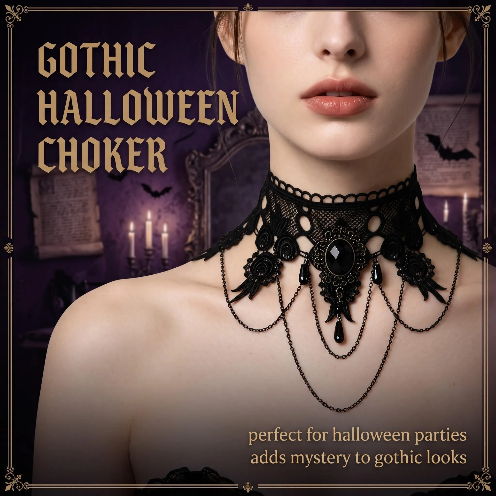 YEQUKK 2 Pezzi Girocollo in Pizzo Nero, Choker Donna, Collana Vintage, Gotico Nero Sexy Pizzo Collare Nappa Choker Halloween Party Accessori, Accessori per Gioielli Halloween per Ragazze e Donne - immagine 2