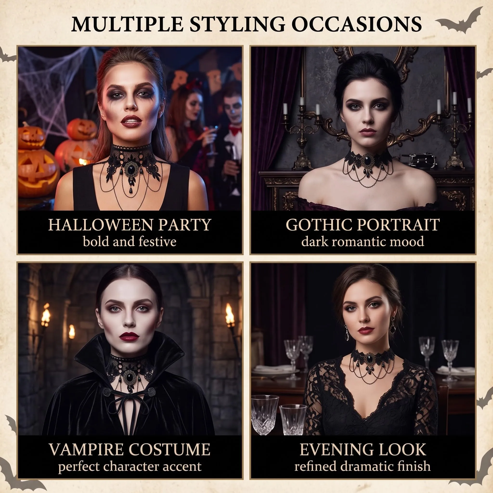 YEQUKK 2 Pezzi Girocollo in Pizzo Nero, Choker Donna, Collana Vintage, Gotico Nero Sexy Pizzo Collare Nappa Choker Halloween Party Accessori, Accessori per Gioielli Halloween per Ragazze e Donne - immagine 4