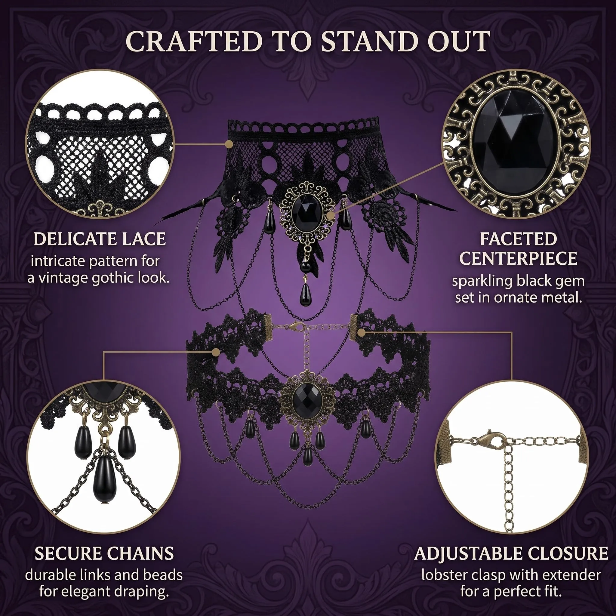 YEQUKK 2 Pezzi Girocollo in Pizzo Nero, Choker Donna, Collana Vintage, Gotico Nero Sexy Pizzo Collare Nappa Choker Halloween Party Accessori, Accessori per Gioielli Halloween per Ragazze e Donne - immagine 6