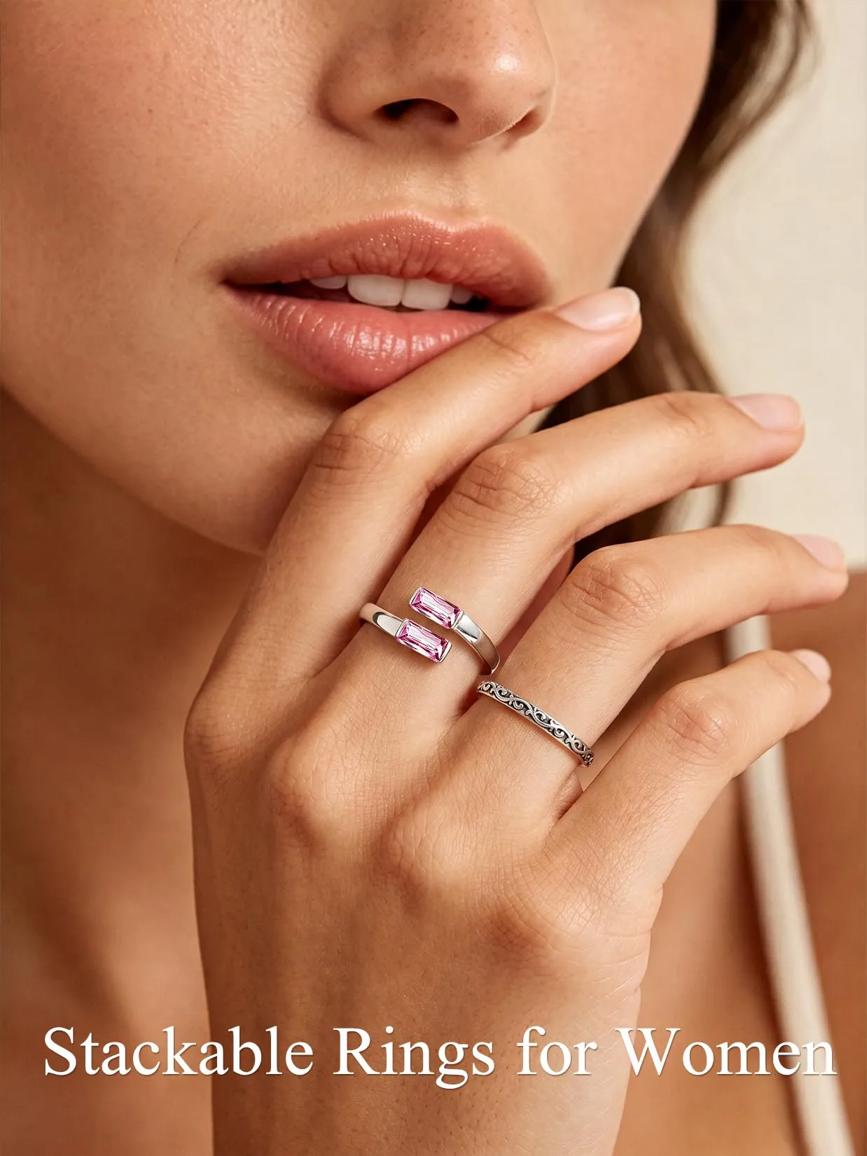 Suplight Anello Donna Argento Regolabile Rettangolare Pietre Portafortuna - immagine 3
