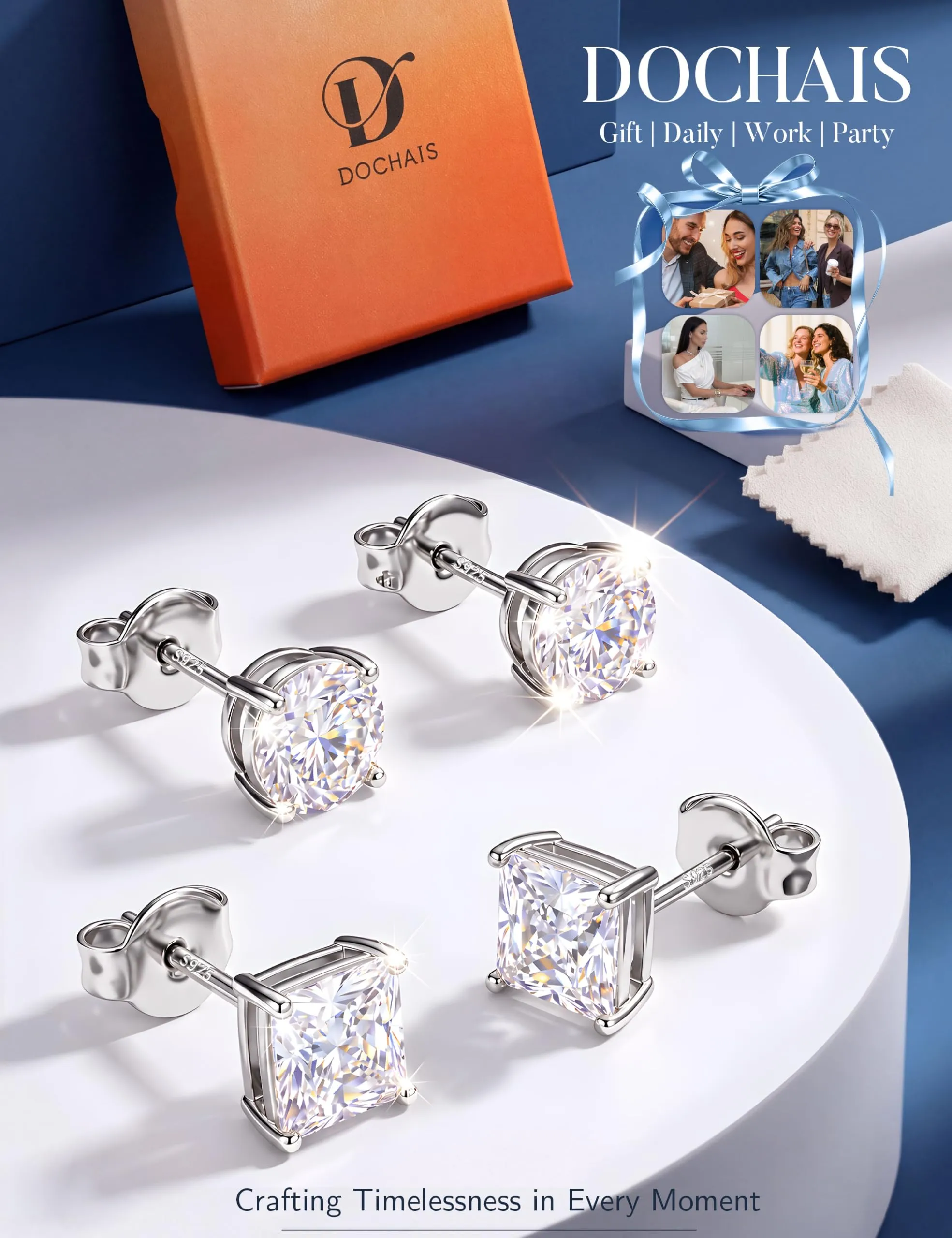 DOCHAIS Set Orecchini Argento 925 Donna Uomo Anallergici Zirconia Cubica - immagine 7