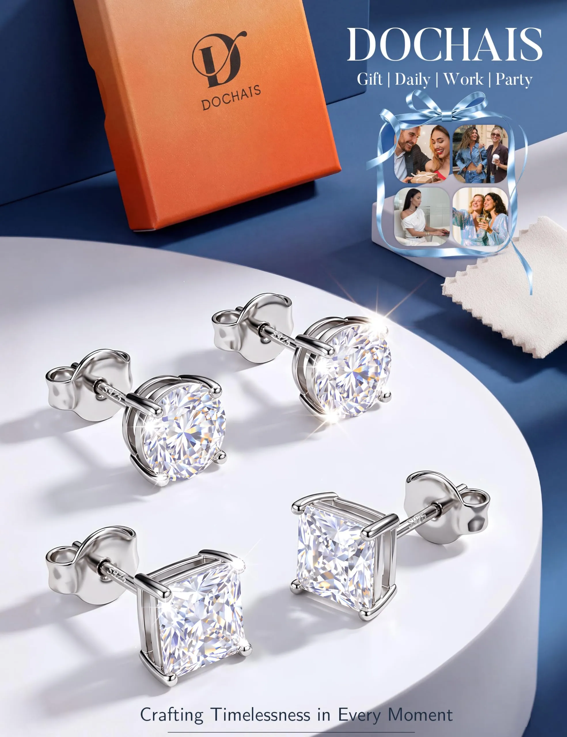DOCHAIS Set Orecchini Argento 925 Donna Uomo Anallergici Zirconia Cubica - immagine 7