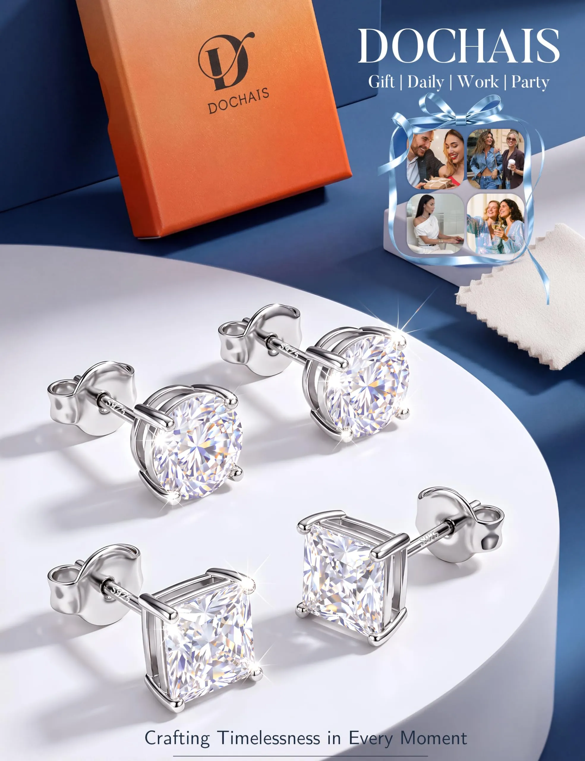 DOCHAIS Set Orecchini Argento 925 Donna Uomo Anallergici Zirconia Cubica - immagine 7