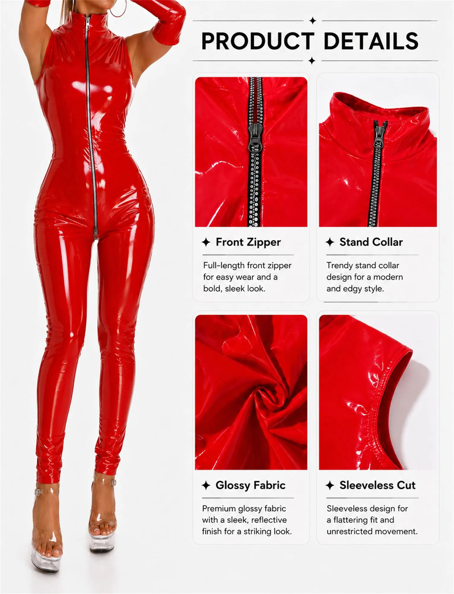 Adigau Tuta da donna in finta pelle effetto bagnato senza maniche con zip - immagine 4