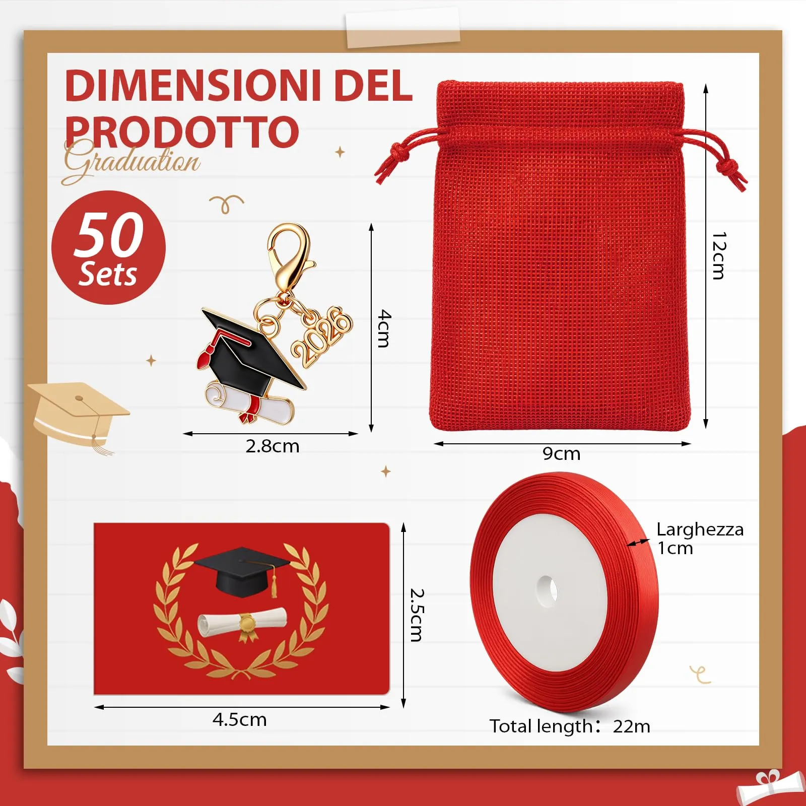 BBTO 50 Sets Bomboniere Laurea Sacchetti Laurea, Cappello Laureato 2026 - immagine 3