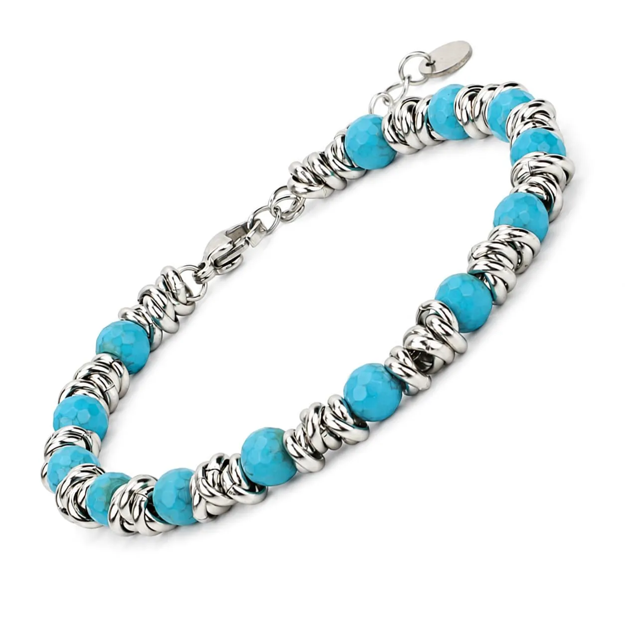 SAGA GIOIELLI Bracciale Unisex - Uomo - Donna Pietre Naturali Sfaccettate Onice Nero Aulite Bianco Nodini Acciaio Inox - Confezionre Regalo (PASTA TURCHESE) - immagine 1