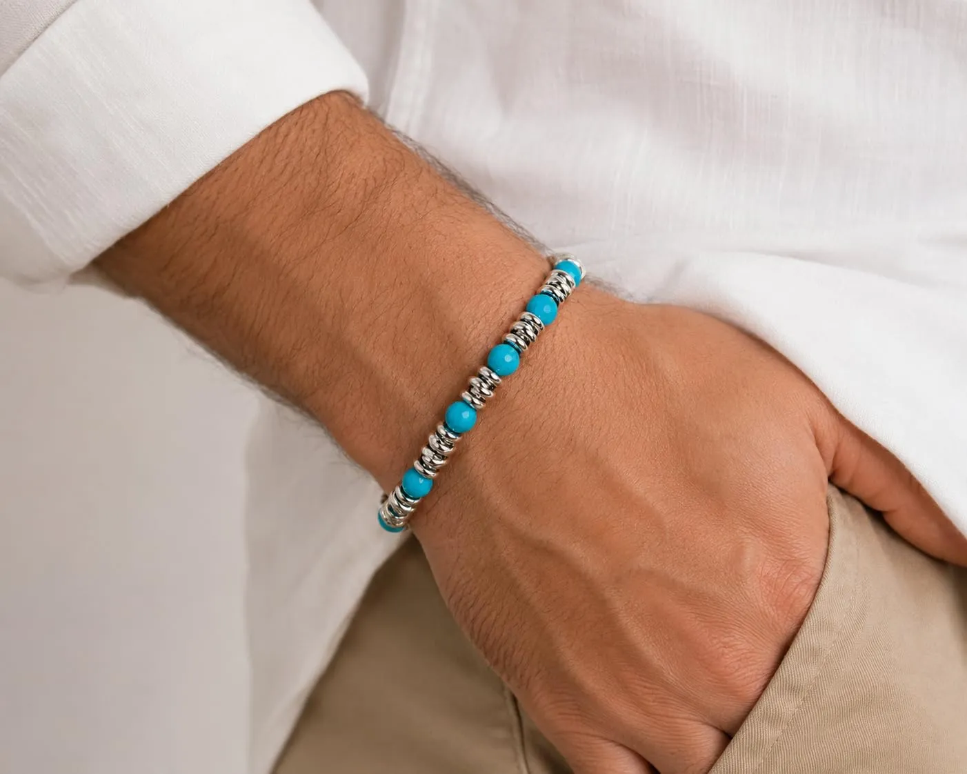 SAGA GIOIELLI Bracciale Unisex - Uomo - Donna Pietre Naturali Sfaccettate Onice Nero Aulite Bianco Nodini Acciaio Inox - Confezionre Regalo (PASTA TURCHESE) - immagine 2